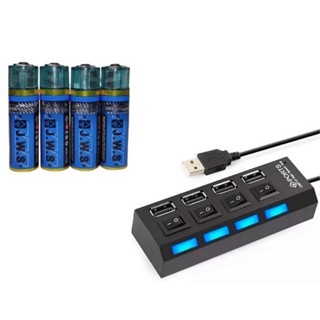4 Pilhas AA Recarregável USB 1.5v 1.800mAh JWS + Carregador Hub USB 2.0 Com 4 Portas