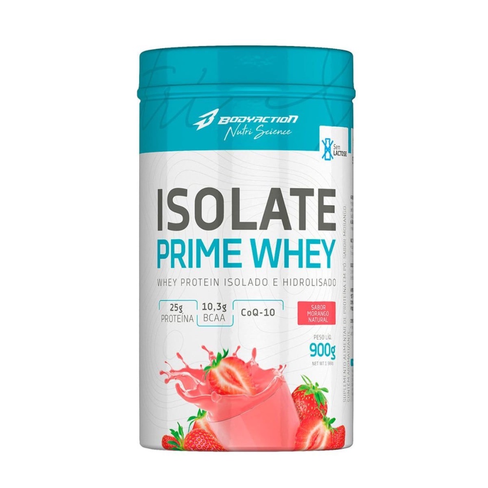 Suplemento em Pó Isolate Prime Whey 900g da Body Action - Sabor Morango - 25g De proteina - Coq-10 - Hidrolisado