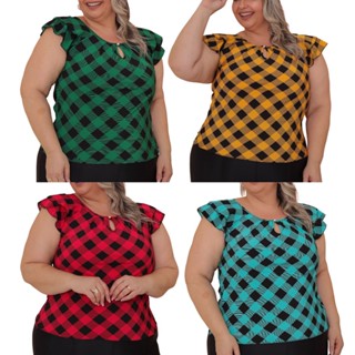 Blusinha Feminina Plus Size Crepe Estampa Xadrez