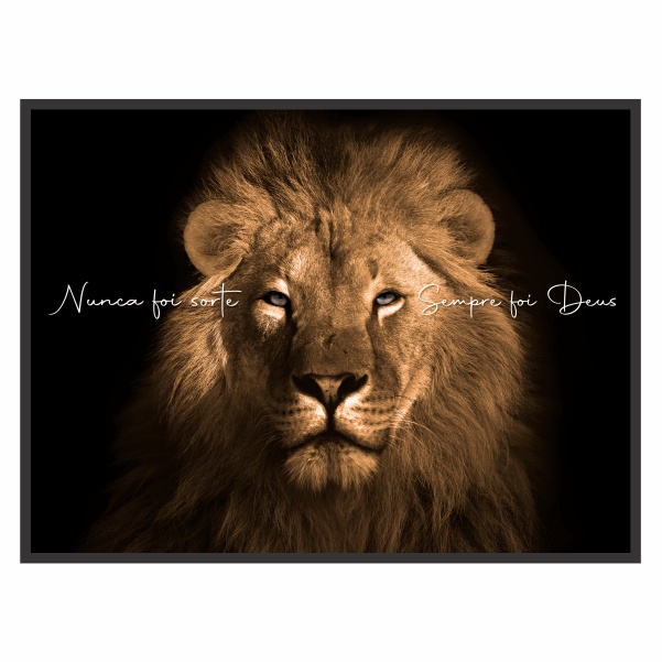 Quadro Decorativo 90x60 Moldura de Madeira Grande Leão de Judá Frase Nunca Foi Sorte Sempre Foi Deus para Decoração de Sala Quarto Escritório Hall