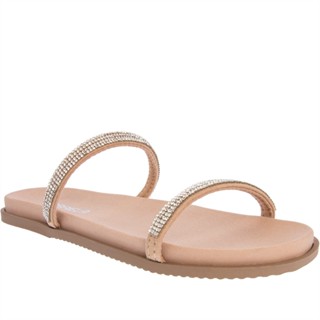 Rasteira Gabriela Flat Tiras Strass Camurça Nude