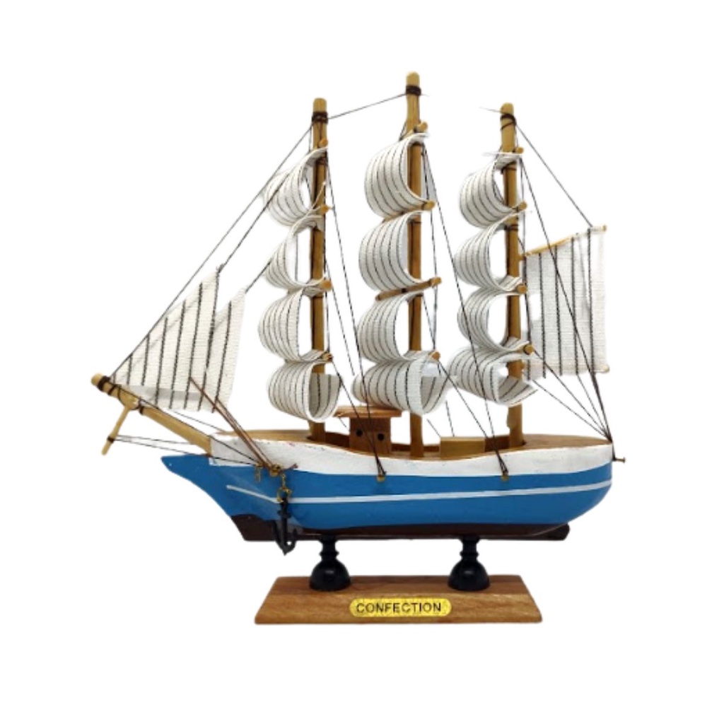 Barco a Vela de Madeira Veleiro Navio Miniatura Enfeite 16cm
