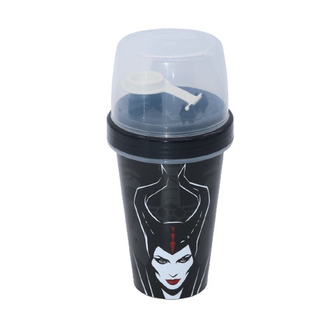Mini Shakeira de Plástico Com Misturador, Fechamento Rosca e Sobretampa Articulável 320ml Malévola