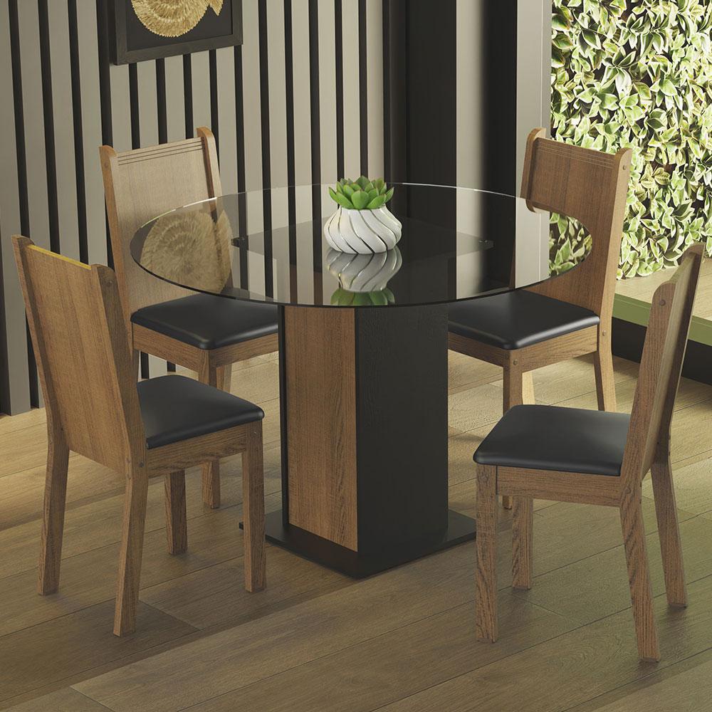 Conjunto Sala de Jantar Madesa Débora Mesa Tampo de Vidro Redondo 4 Cadeiras - Preto/Rustic em Oferta na Shopee
