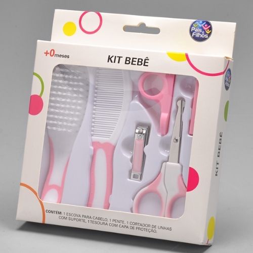 Kit Higiene Bebê Pais e Filhos 4 Peças Rosa - Escova, Pente, Tesoura e Cortador