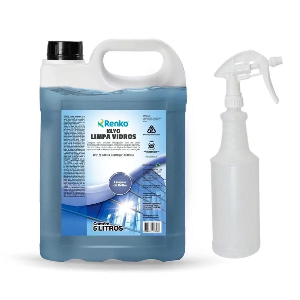 Klyo Limpa Vidros Profissional Concentrado 5 Litros Renko + Pulverizador 1 Litro Profissional Bralímpia