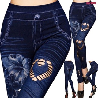 Mais Tamanho Calça De Lápis De Mola Feminina Impressão Esticada Jegging