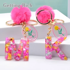 A-Z 26 Chaveiros De Letra Em Inglês Com Etiqueta De Acrílico Rosa Pompom Chaveiro De Mão Encantado Pingente Acessórios