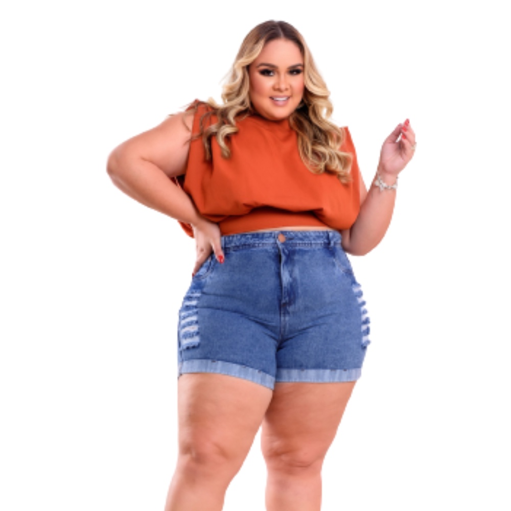 Bermuda Short Jeans Plus Size Feminino Perna Dobrada Destroyed em Oferta na Shopee