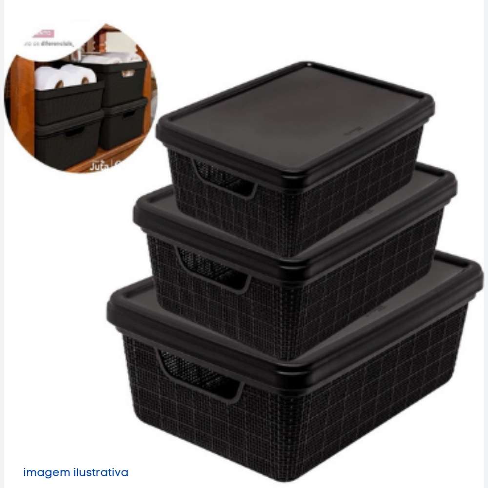 Caixa Organizador Guarda Roupa Gaveteiro Preto Resistente com tampa Jutta Kit c/3 caixas organizadoras jutta preto 21L, 06L e 16L