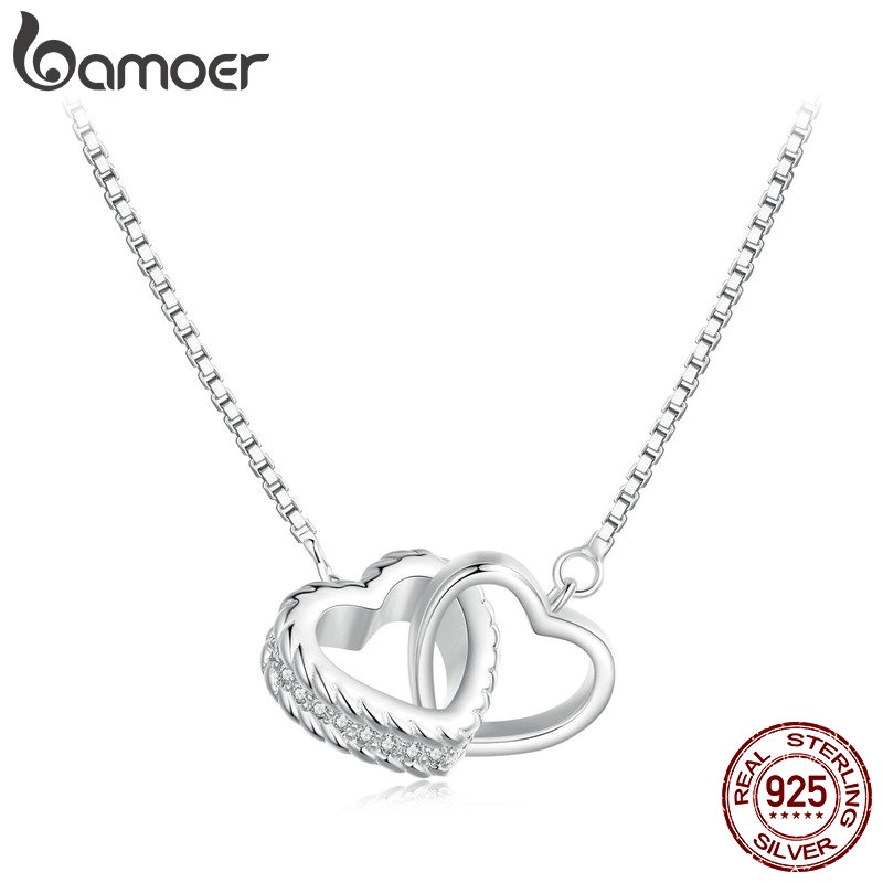 Bamoer S925 Colar Simples De Dois Corações Com Intertravamento Destacável Ideal Para Casais BSN339 - Fashion Accessories