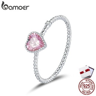 Bamoer Real 925 Sterling Silver Pink Love Cz Anel Para Mulheres Da Moda Bonito Acessórios De Casamento Jóias Finas Presente Bsr157