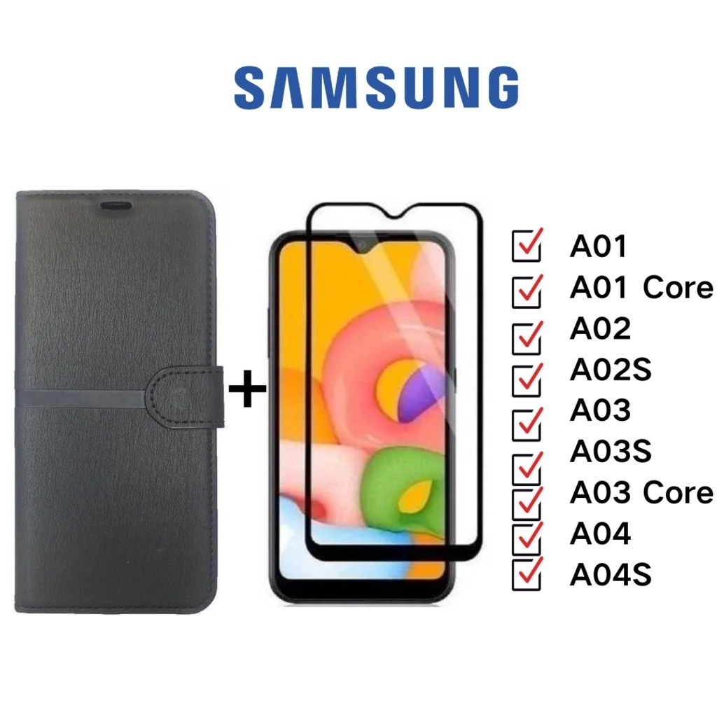 Kit Pelicula 3D 9D de Vidro Temperado + Capa Carteira Flip Para Samsung Galaxy A01/ A01 Core/ A02/ A02S/ A03/ A03S/ A03 Core/ A04/ A04S Pronta Entrega