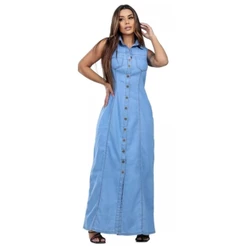 Vestido Longo Jeans Sem Lycra Casual Moda Evangélica Comportada Feminino