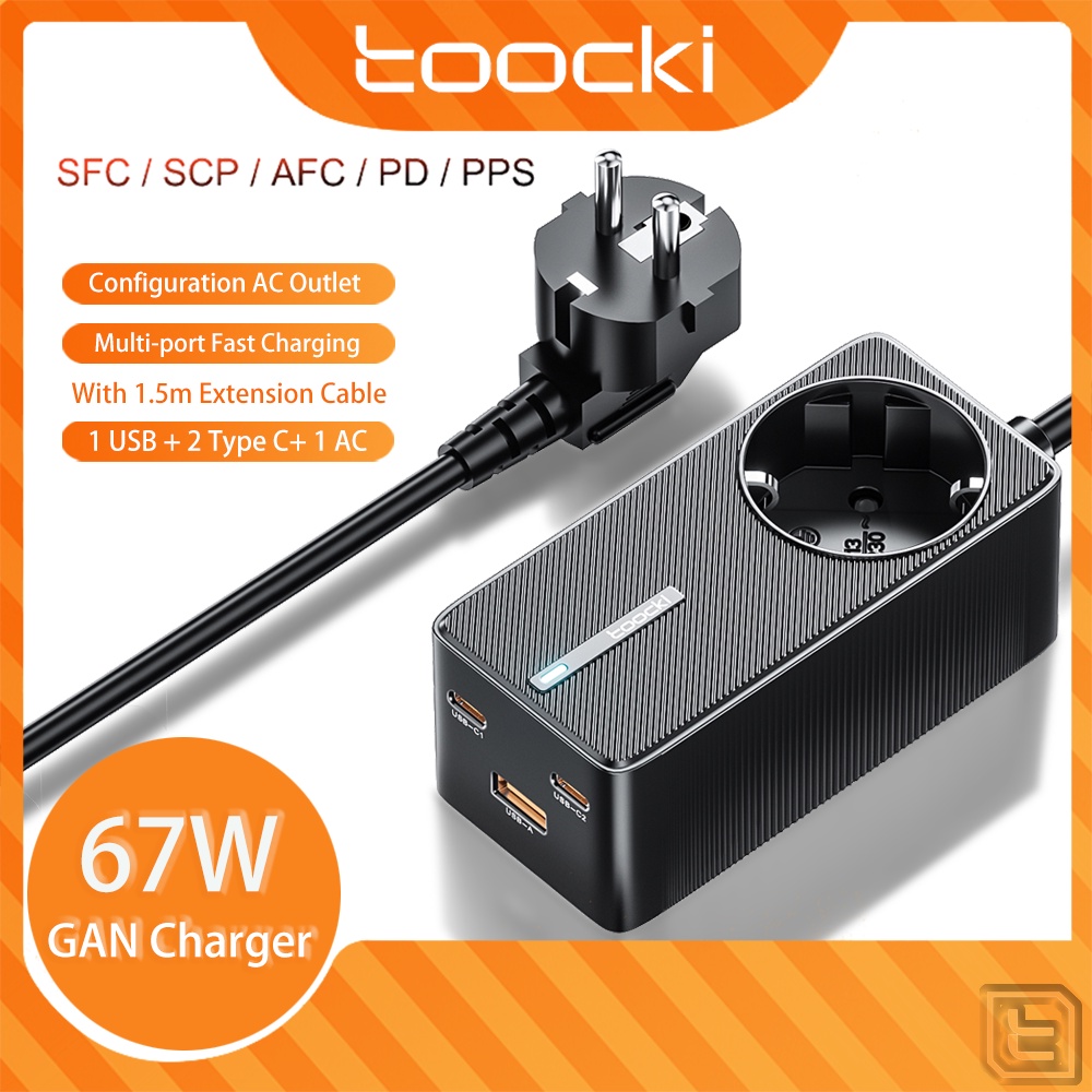 Toocki 67W Carregador GAN De Tira De Alimentação USB C QC3.0 PD3.0 PPS AFC SFCFast Adaptador De Carregamento Com Configuração Porta AC Para Computadores Portáteis Projetores De Telefonia Displays TVs