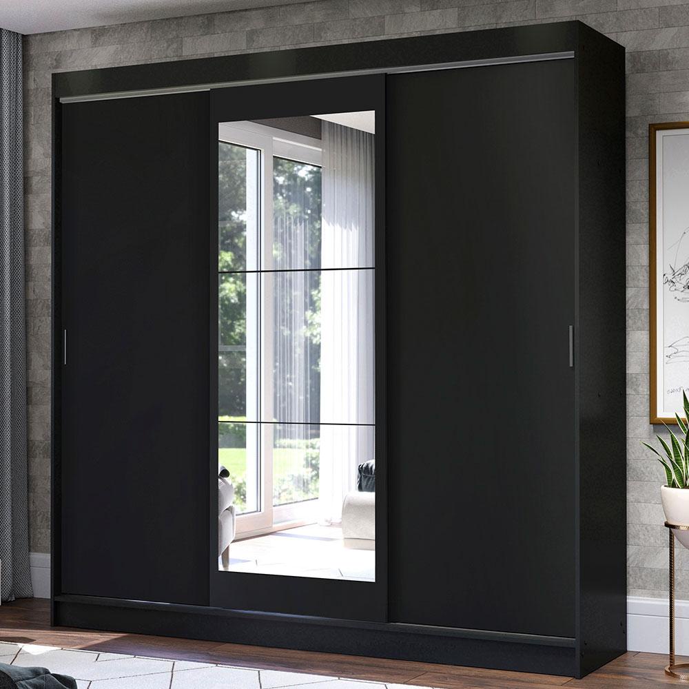 Guarda-Roupa Casal Madesa Istambul 3 Portas de Correr com Espelho 3 Gavetas - Preto - Home & Living