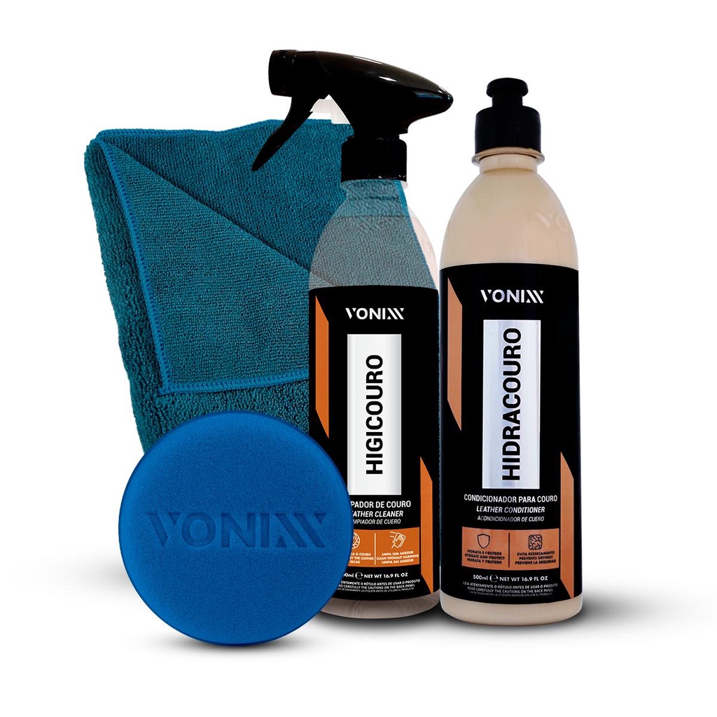 Kit Limpar Hidratar Couro Higicouro 500ml + Hidracouro 500ml + Toalha Microfibra + Aplicador Espuma Vonixx