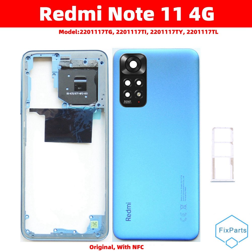 Para Xiaomi Redmi Nota 11 4G Carcaça Completa Original Com Estrutura Média NFC + Tampa Traseira Da Bateria + Lente Câmera + Bandeja Sim