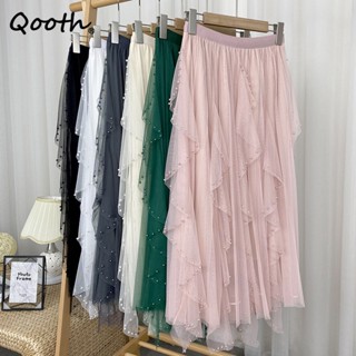 Qooth Mulheres Com Contas Petal Comprimento Médio Rufos Saias Pregueadas Elegante Cintura Alta Fada Linha A Saia De Tule Longa QT1682