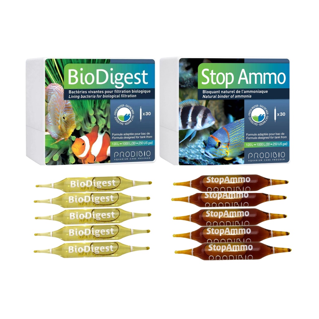 10 Ampolas Prodibio 5 Stop Ammo + 5 Biodigest Start UP Ciclagem Acelerador Bio.Aqu. Doce e Marinho