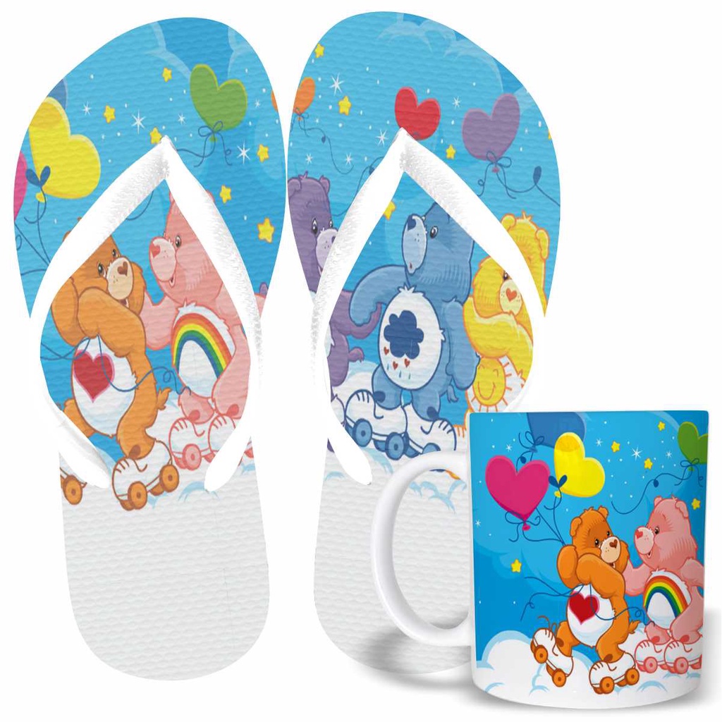 Kit Chinelo e Caneca de Porcelana Ursinhos Carinhosos Patins. Temático Desenho Criança, Bebê. Presente Infantil Menina e