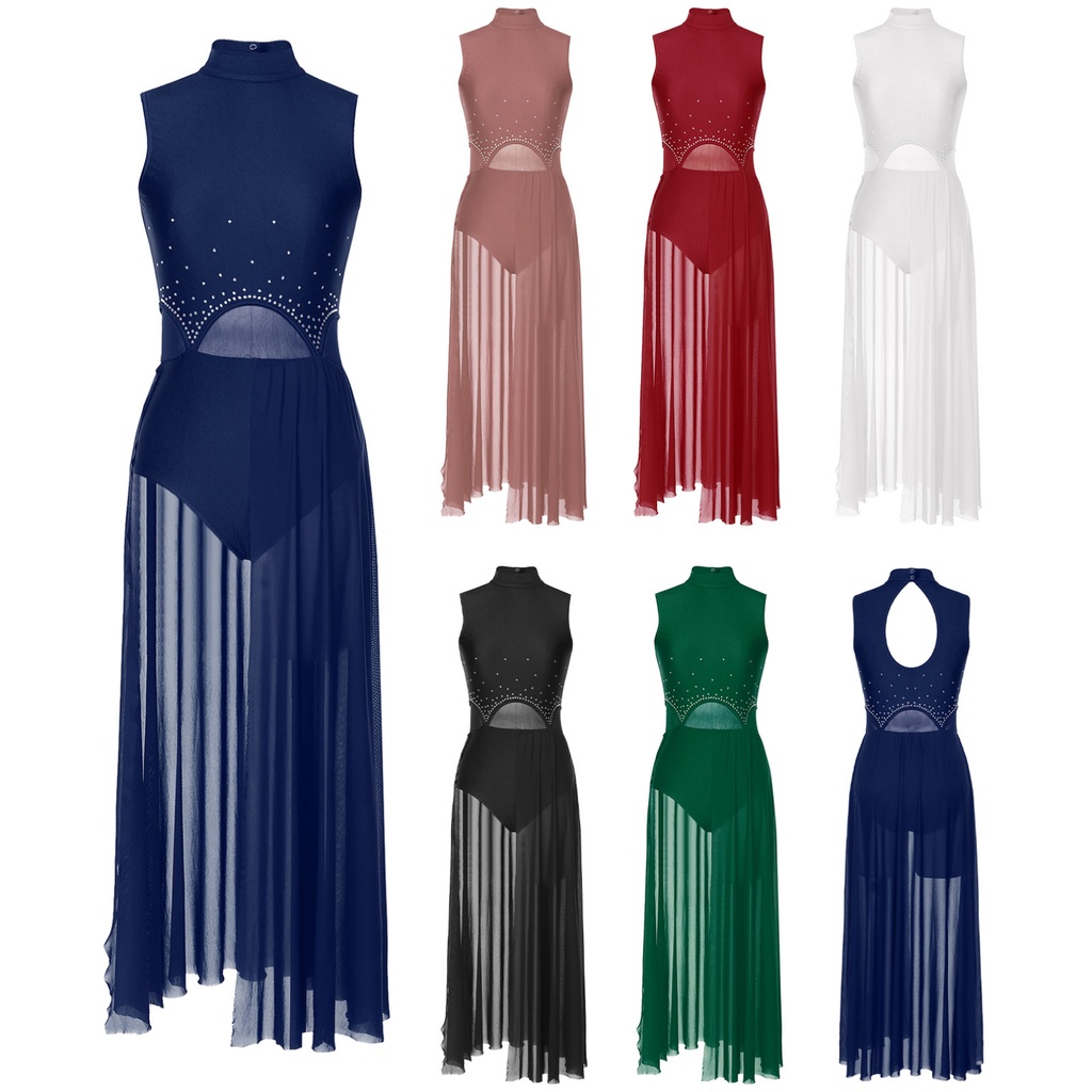 Yeahdor Vestido Feminino Com Buraco De Fechadura , Sem Mangas , Dança Lírica , Traje De Performance De Palco , Strass Di