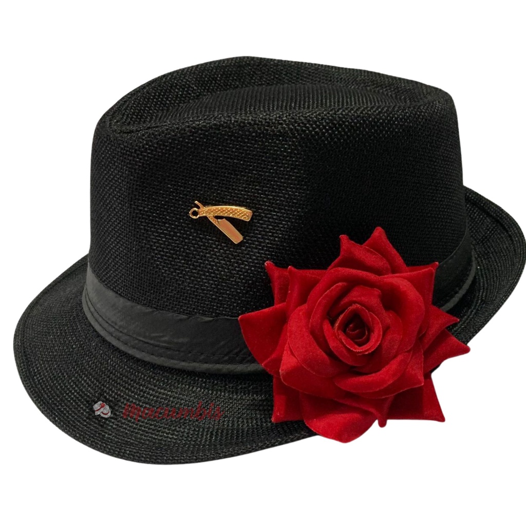 Chapeu Maria Navalha Malandra Preto com Rosa Vermelha e Pingente