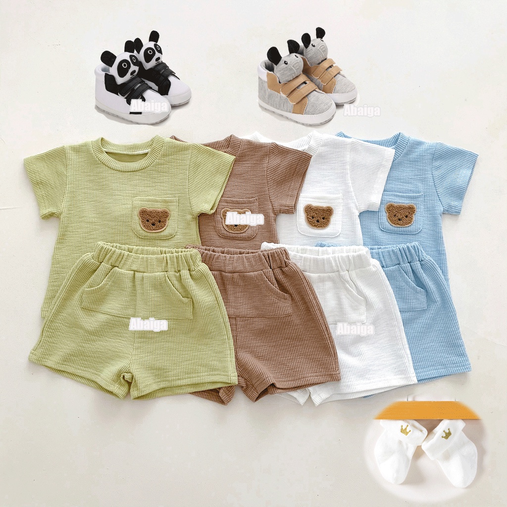 Terno Kids Boy Girl Cute Bear Print Top Colorido Sólido+Shorts Set Baby Roupa De Verão Oot...