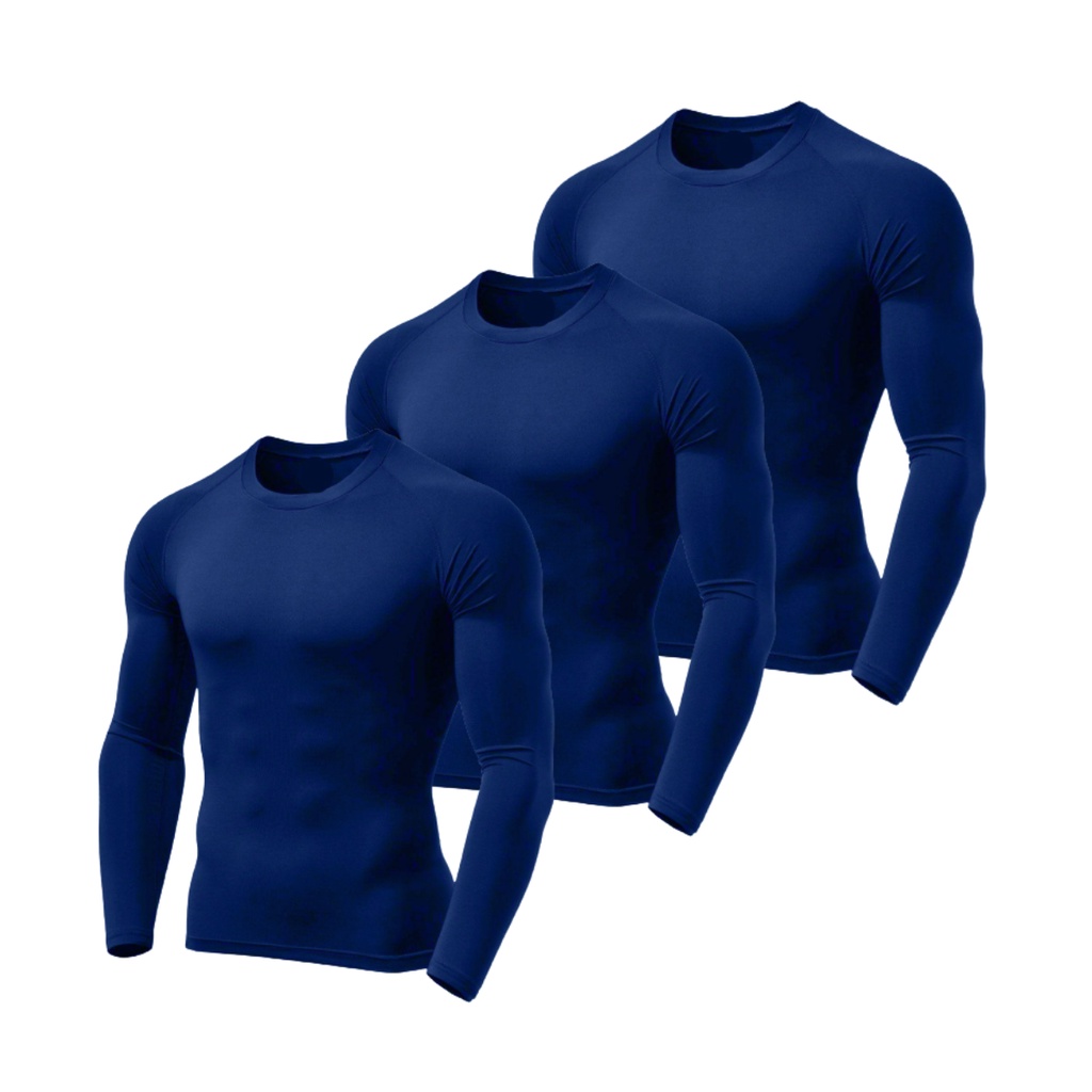Kit 3 Camisas Azul Marinho Academia Proteção Uv 50+ Tecido Gelado Camiseta Segunda Pele Lisa