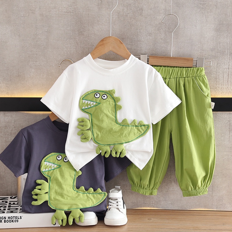 Bebê Meninos Conjuntos De Roupas Coreano Verão Dinossauro Impressão Camisetas + Shorts Ternos Crianças Dos Desenhos Anim