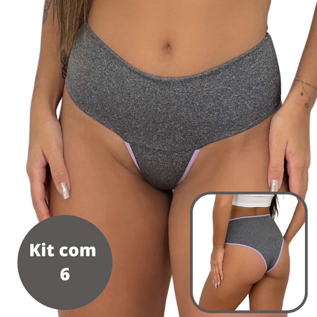 kit 6 Calcinha Modeladora Cintura Alta Sustentação Segura Barriga Cós viés colorido