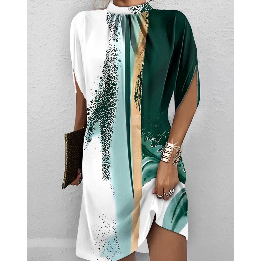 Moda Verão Vestido Impresso 2023 Casual De Pescoço Redondo De Mulher Mini De Manga De Morcego Elegante Temperamento Solto Vestidos Curtos