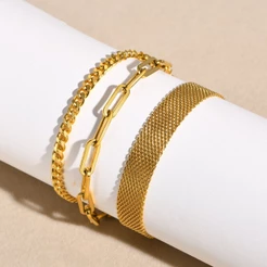 Vnox 14K Gold Corrente Reticular De Cruzada Plana De Ouro Coleção De Pulseiras Cubana Para Mulheres Homens , Jóias De Aço Inoxidável