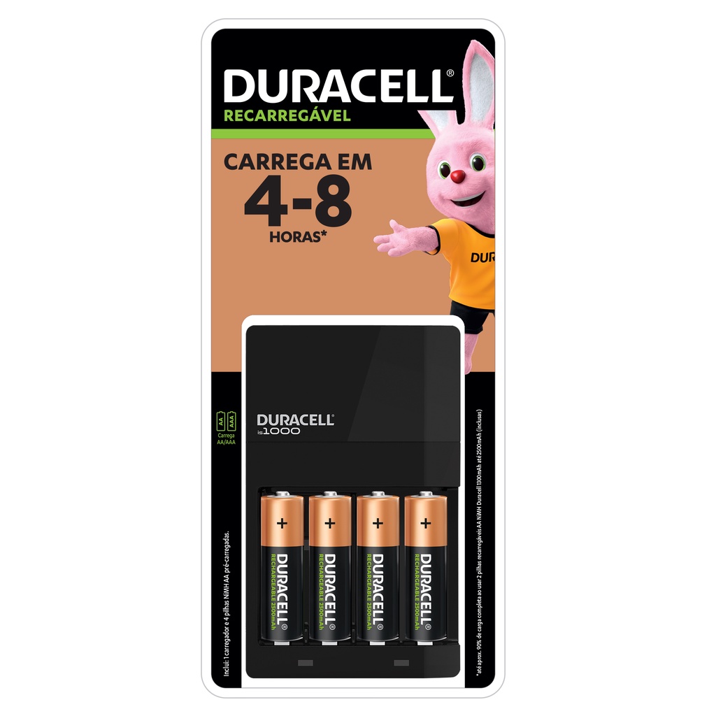 Carregador de Pilhas AA e AAA Duracell - Com 4 Pilhas Rec AA