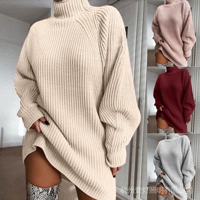 Vestido Feminino Gola Alta Manga Longa Outono Inverno Túnica Solta Malha Casual Rosa Cinza...