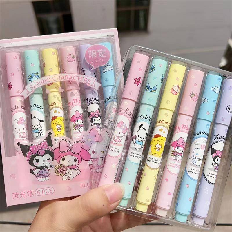 6Pcs/Set Cute Sanrio mymelody Kuromi Cinnamoroll Pom Purin Pochacco Marcadores Fluorescentes De Caneta Pastel De Desenho Para Material Escolar Estudantil Presente De Papelaria em Oferta na Shopee