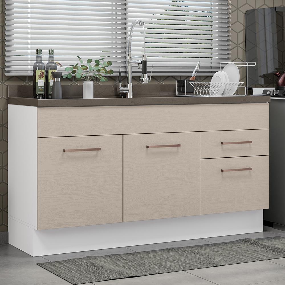 Balcão Gabinete de Pia Cozinha 150 cm 2 Portas 2 Gavetas (Sem Tampo e Pia) Branco/Crema Agata Madesa