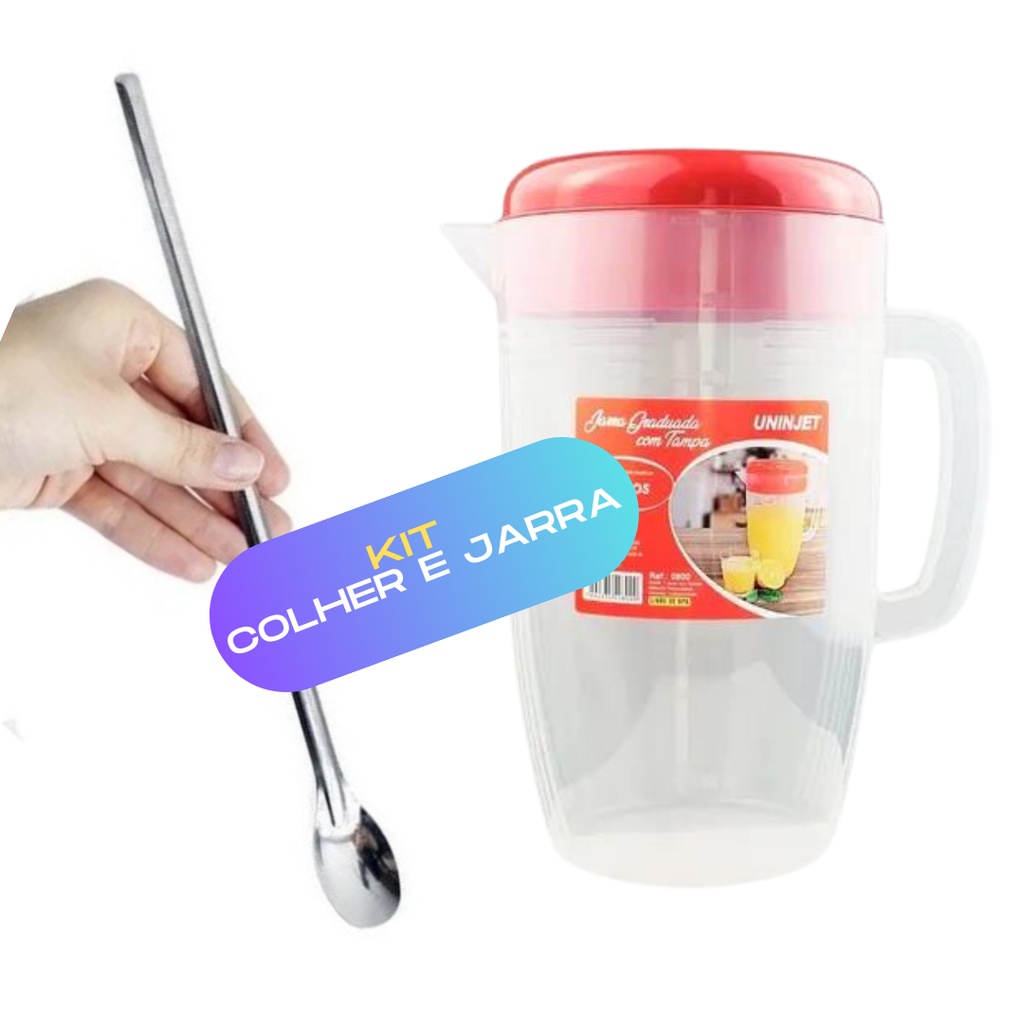 Jarra Transparente Grande Graduada 4 Litros Acompanha Colher 30cm Para Suco Bebida Drinks Mexer Leite