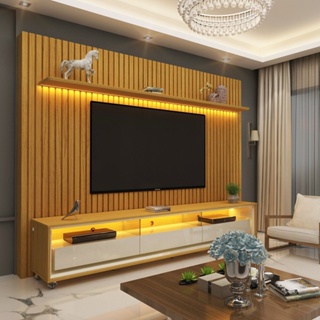 Painel e Rack Ripado com LED e Rodízio Nobre Clean 230 Naturale Off White - Gelius em Oferta na Shopee