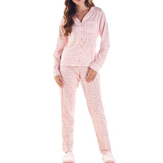 Pijama Meia Malha Longo Abertura Frontal Feminino Calça Pzama