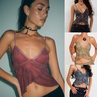 2024 Colete De Verão Europeu Americano Novo Casual Feminino Impresso Sexy Com Pescoço Em V Alças De Esparguete Ruffled Top Girl
