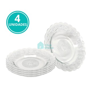 Jogo de 4 Pratos de Vidro Fundo Sopa 22 cm Almoço Jantar Mesa Transparente