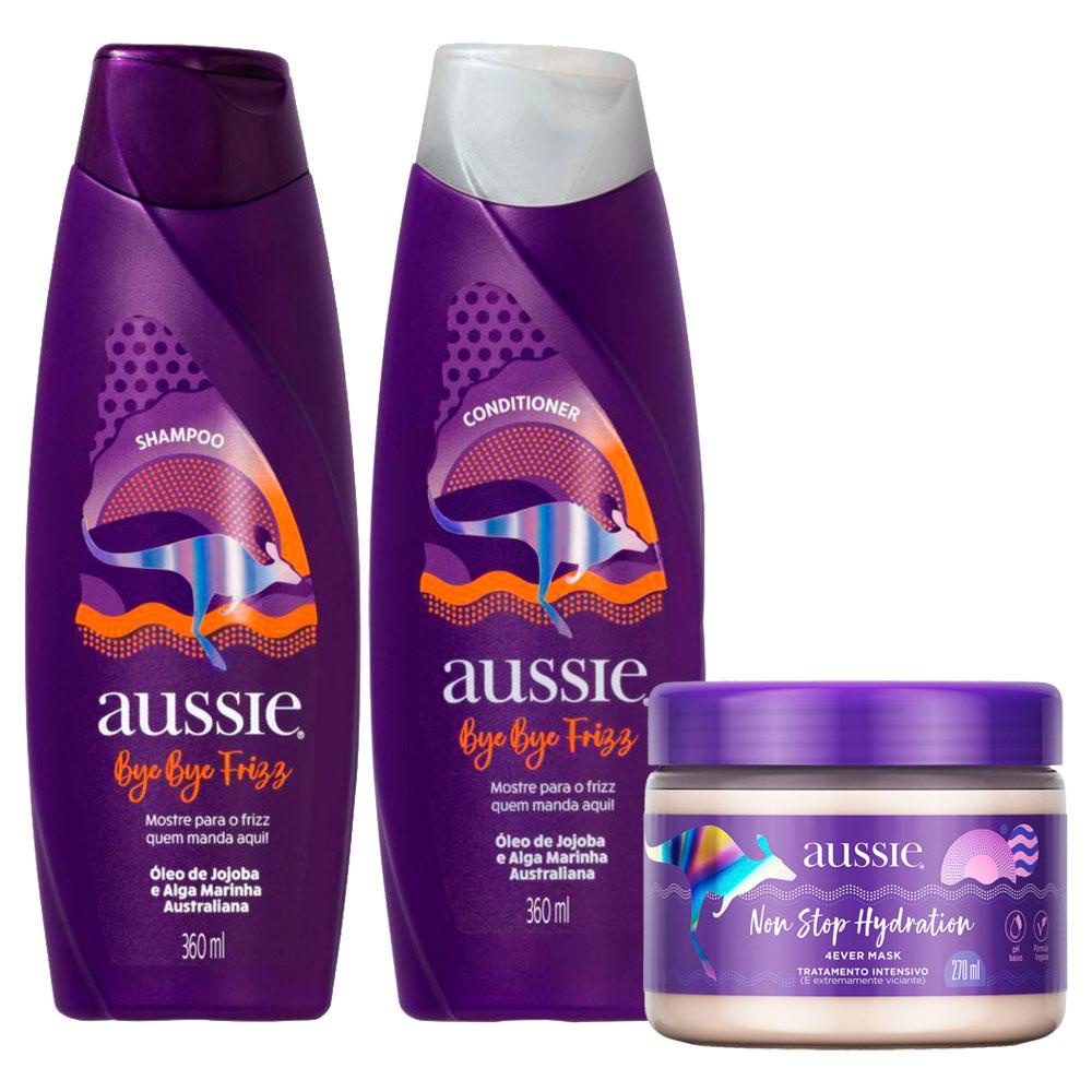 Kit Shampoo Aussie Bye Bye Frizz Maciez e Brilho 360ml + Condicionador 360ml + Máscara de Tratamento Aussie Non Stop Hydration 270ml