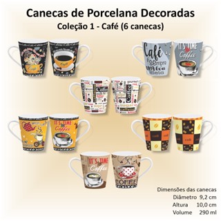 Canecas de porcelana decoradas - Coleção 01 - CAFÉ - 6 canecas