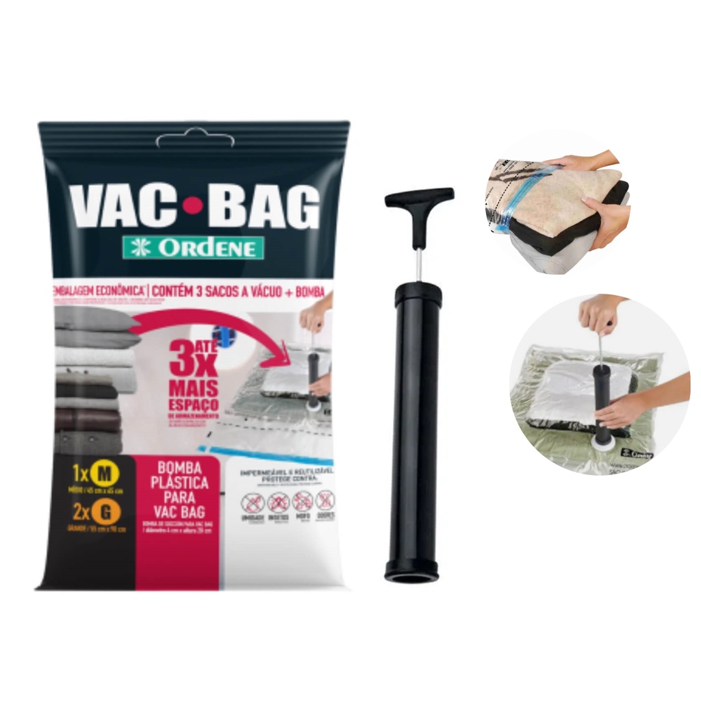 Saco Vac Bag  Organizador Roupa Edredom 1 M e 2 G + Bomba Compactar Roupas Mala Viagem Vacuo Poupar Espaço Armario