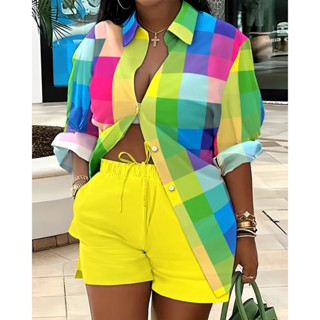 Moda Feminina Listrada Floral Escritório De Impressão Senhora Conjuntos De Duas Peças Camisa De Verão Individuais Femininos