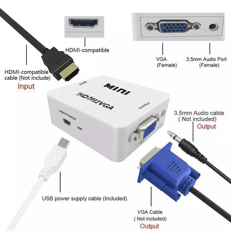 Mini Adaptador Conversor HDMI Para VGA Com Áudio Full HD 1080p Para Notebook PC Monitor Projetor TV Box Plug And Play
