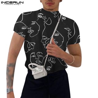 INCERUN Face Abstract Print Short Sleeve T-shirts De Manga Elástica Apertada