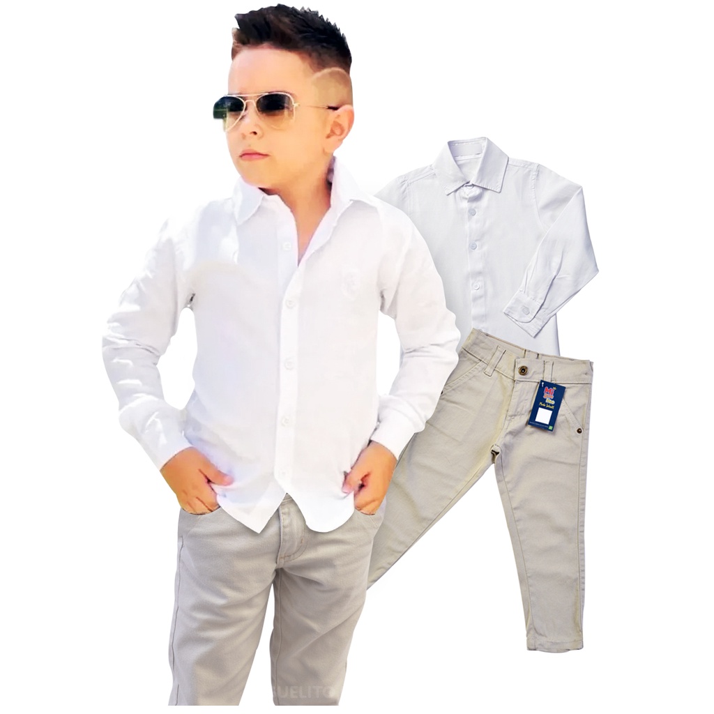 Conjunto kit 2 Peças Social Masculino Camisa Branca Manga Longa e Calça Bolso Faca de Sarja