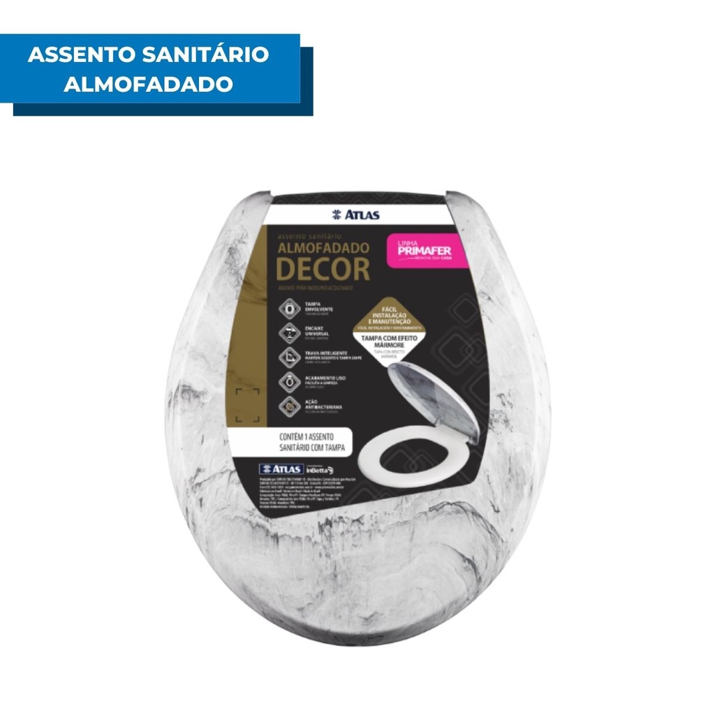 Assento Sanitário Almofadado Com Tampa Efeito Mármore Plástica Universal Atlas Primafer
